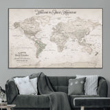 93034948-MGV-CV-36X24-Personalized World Map Wall Art – Vintage Beige Adventure Travel Map with Custom Names, Elegant Push Pin Canvas for Couples,