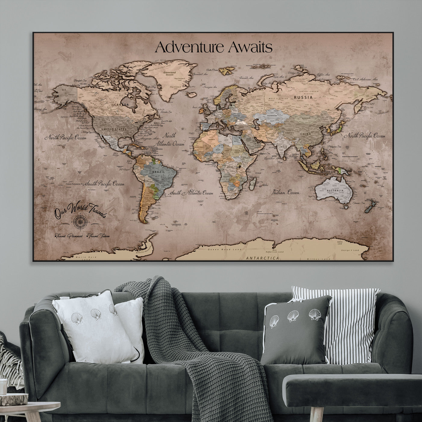 93226713-MGV-CV-36X24-Personalized World Map Wall Art – Adventure Awaits Rustic Earth-Tone Travel Map with Custom Names, Vintage Wall Decor for Couples,