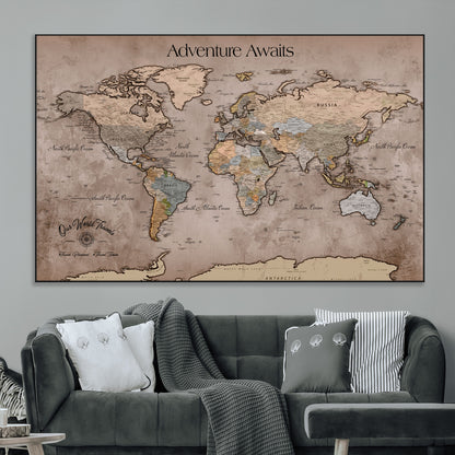 93226713-MGV-CV-36X24-Personalized World Map Wall Art – Adventure Awaits Rustic Earth-Tone Travel Map with Custom Names, Vintage Wall Decor for Couples,