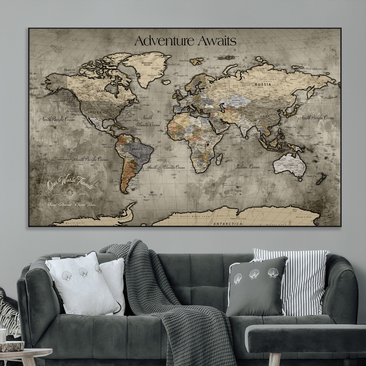 72658967-MGV-CV-36X24-Personalized World Map Wall Art – Adventure Awaits Rustic Sepia Travel Map with Custom Names, Vintage Wall Decor for Couples, Home