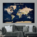 80965072-MGV-CV-36X24-Personalized World Map Wall Art – Adventure Awaits Navy Blue Travel Map with Custom Names, Rustic Vintage Wall Decor for Couples,