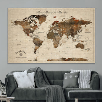 48225643-MGV-CV-36X24-Personalized World Map Wall Art – Rustic Vintage Adventure Travel Map with Custom Couple Names, Romantic Wall Decor for Home or