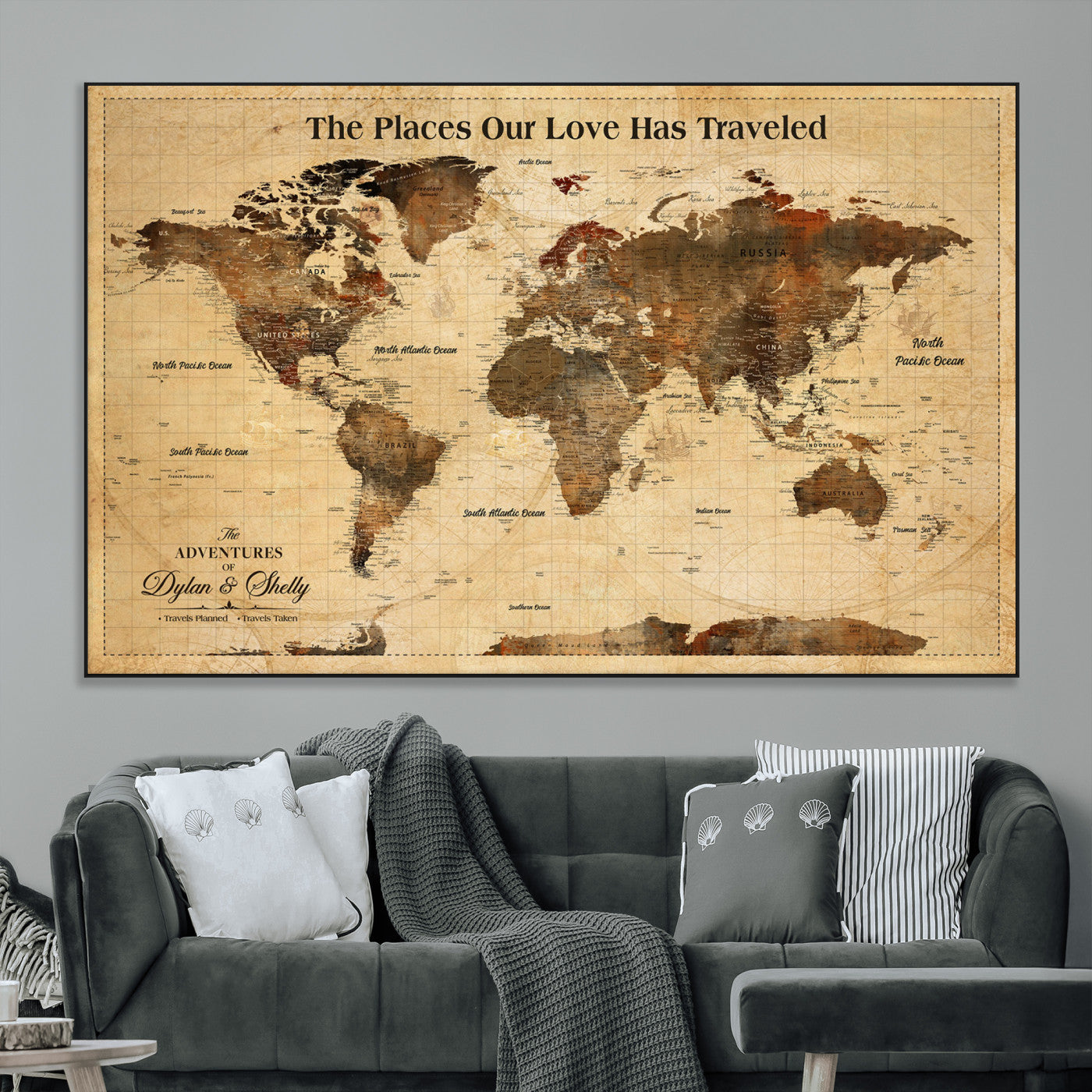 50680593-MGV-CV-36X24-Personalized World Map Wall Art – Rustic Brown Adventure Travel Map with Custom Names, Elegant Push Pin Canvas for Couples Home,