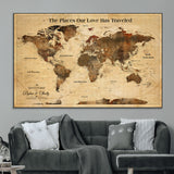 50680593-MGV-CV-36X24-Personalized World Map Wall Art – Rustic Brown Adventure Travel Map with Custom Names, Elegant Push Pin Canvas for Couples Home,