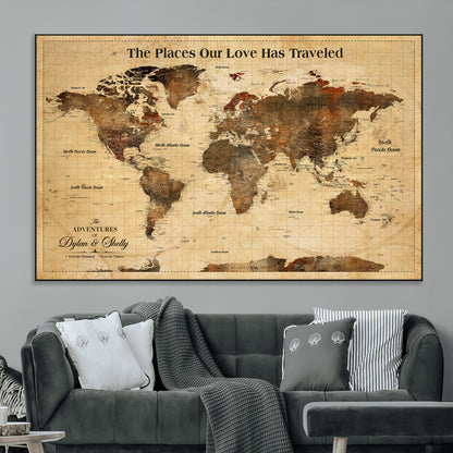 50680593-MGV-CV-36X24-Personalized World Map Wall Art – Rustic Brown Adventure Travel Map with Custom Names, Elegant Push Pin Canvas for Couples Home,