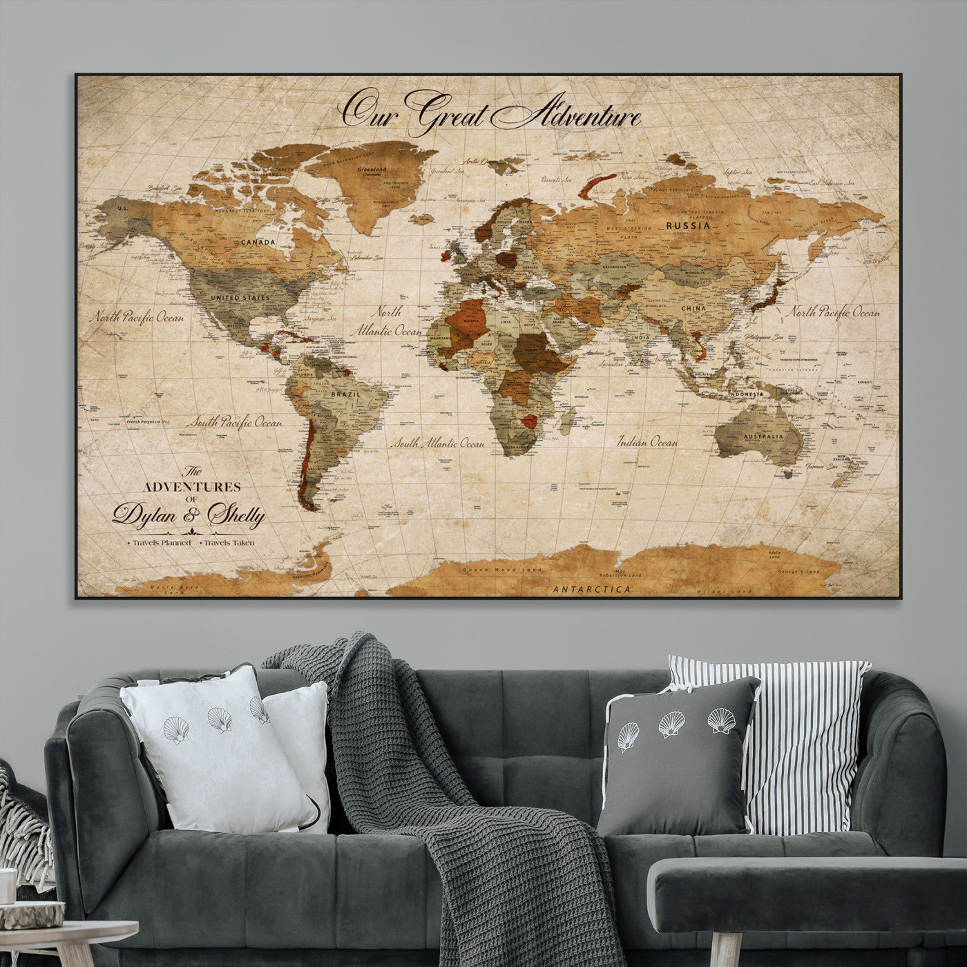 91961147-MGV-CV-36X24-Personalized World Map Wall Art – Vintage Sepia Adventure Travel Map with Custom Couple Names, Rustic Wall Decor for Home, Couples