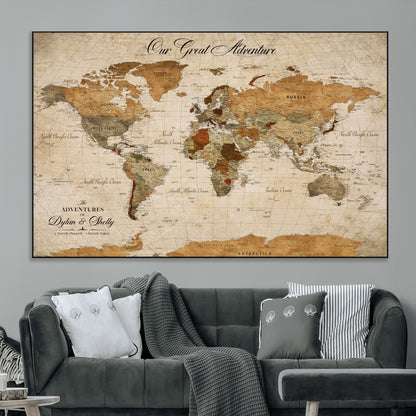 91961147-MGV-CV-36X24-Personalized World Map Wall Art – Vintage Sepia Adventure Travel Map with Custom Couple Names, Rustic Wall Decor for Home, Couples