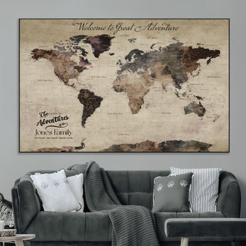 78610079-MGV-CV-36X24-Personalized World Map Wall Art – Vintage Rustic Travel Map with Custom Family Name, Adventure Wall Decor for Home, Family Gift or