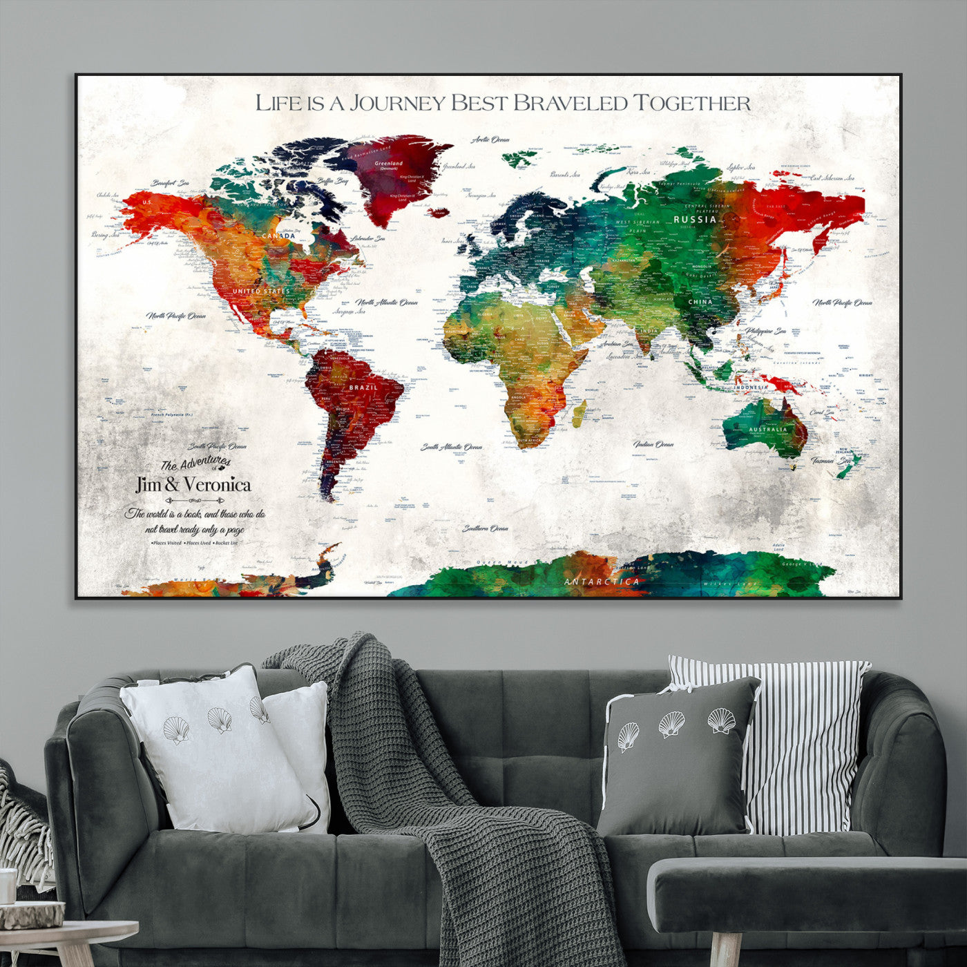 95876117-MGV-CV-36X24-Personalized World Map Wall Art – Colorful Watercolor Travel Map with Custom Names, Romantic Wall Decor for Couples, Wedding or