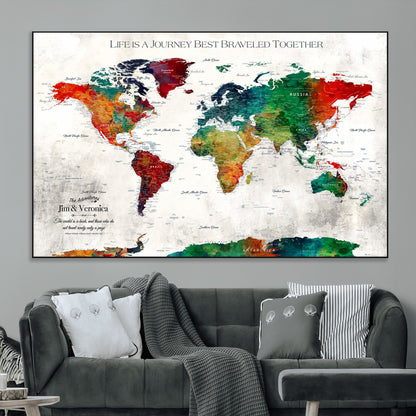 95876117-MGV-CV-36X24-Personalized World Map Wall Art – Colorful Watercolor Travel Map with Custom Names, Romantic Wall Decor for Couples, Wedding or