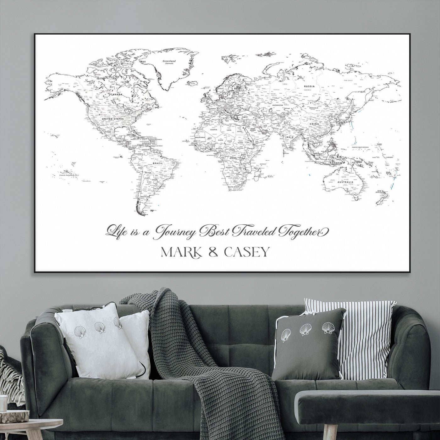 43438578-MGV-CV-36X24-Personalized World Map Wall Art – Black and White Minimal Travel Map with Custom Names, Elegant Wall Decor for Couples, Wedding or
