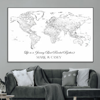 43438578-MGV-CV-36X24-Personalized World Map Wall Art – Black and White Minimal Travel Map with Custom Names, Elegant Wall Decor for Couples, Wedding or