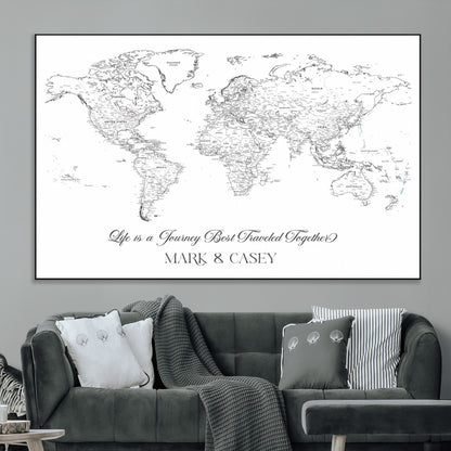 43438578-MGV-CV-36X24-Personalized World Map Wall Art – Black and White Minimal Travel Map with Custom Names, Elegant Wall Decor for Couples, Wedding or