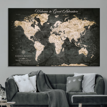 70534097-MGV-CV-36X24-Personalized World Map Wall Art – Dark Vintage Adventure Style Travel Map with Custom Names, Unique Wall Decor for Couples, Home