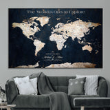 13231361-MGV-CV-36X24-Personalized World Map Wall Art – Navy Blue Vintage Adventure Travel Map with Custom Names, Elegant Push Pin Canvas for Couples