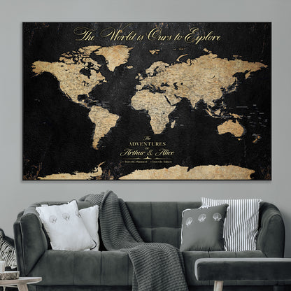 98947257-MGV-CV-36X24-Personalized World Map Wall Art – Vintage Black Adventure Travel Map with Custom Names, Elegant Push Pin Canvas for Couples Home