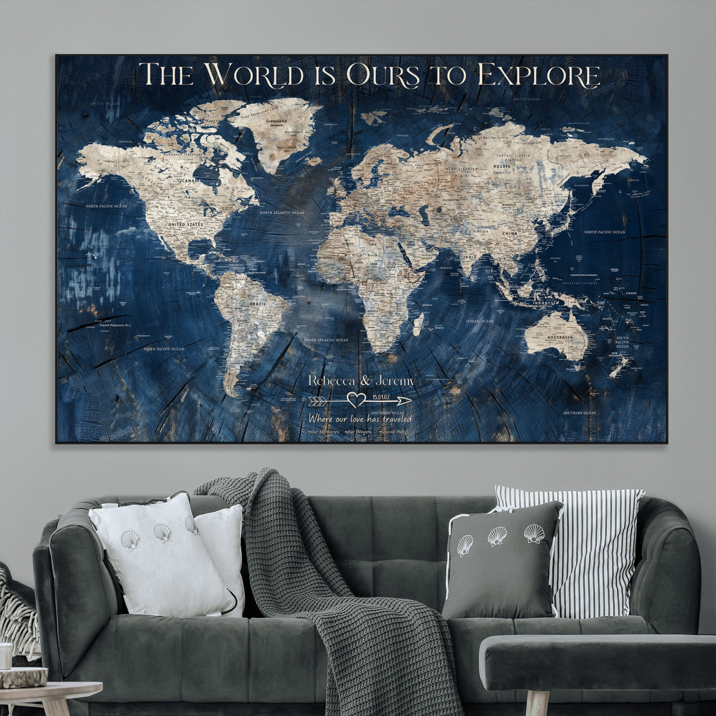 16933330-MGV-CV-36X24-Personalized World Map Wall Art – Navy Blue Vintage Travel Map with Custom Names, Anniversary Gift for Couples Romantic Adventure