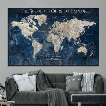 16933330-MGV-CV-36X24-Personalized World Map Wall Art – Navy Blue Vintage Travel Map with Custom Names, Anniversary Gift for Couples Romantic Adventure