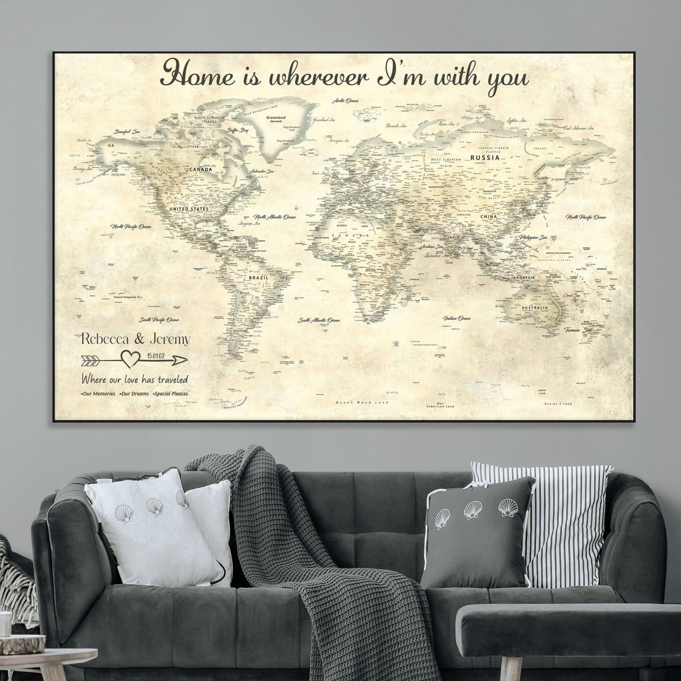 35009043-MGV-CV-36X24-Personalized World Map Wall Art – Vintage Beige Travel Map with Custom Names and Date, Romantic Anniversary Gift for Couples Home
