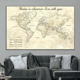 35009043-MGV-CV-36X24-Personalized World Map Wall Art – Vintage Beige Travel Map with Custom Names and Date, Romantic Anniversary Gift for Couples Home