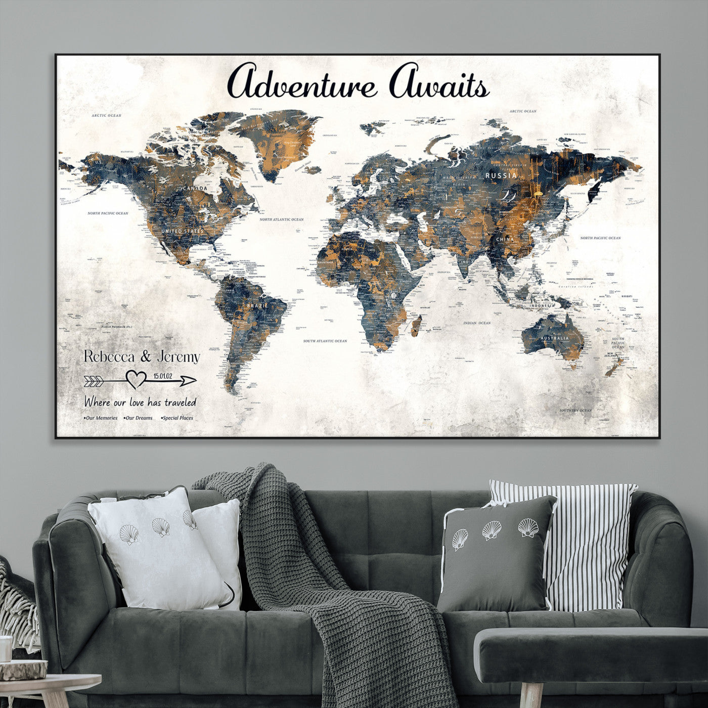 11751559-MGV-CV-36X24-Personalized World Map Wall Art – Elegant Adventure Travel Tracker Map for Couples & Families, Push Pin Canvas Poster Decor for Home, Office