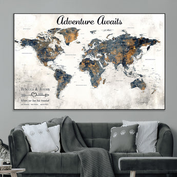 11751559-MGV-CV-36X24-Personalized World Map Wall Art – Elegant Adventure Travel Tracker Map for Couples & Families, Push Pin Canvas Poster Decor for Home, Office