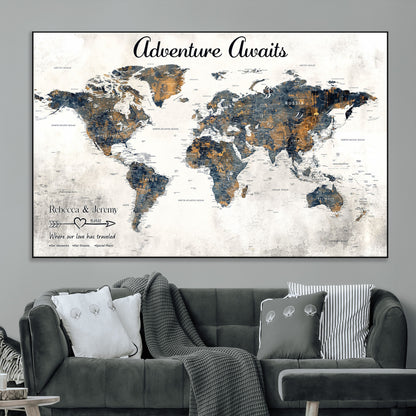 11751559-MGV-CV-36X24-Personalized World Map Wall Art – Elegant Adventure Travel Tracker Map for Couples & Families, Push Pin Canvas Poster Decor for Home, Office