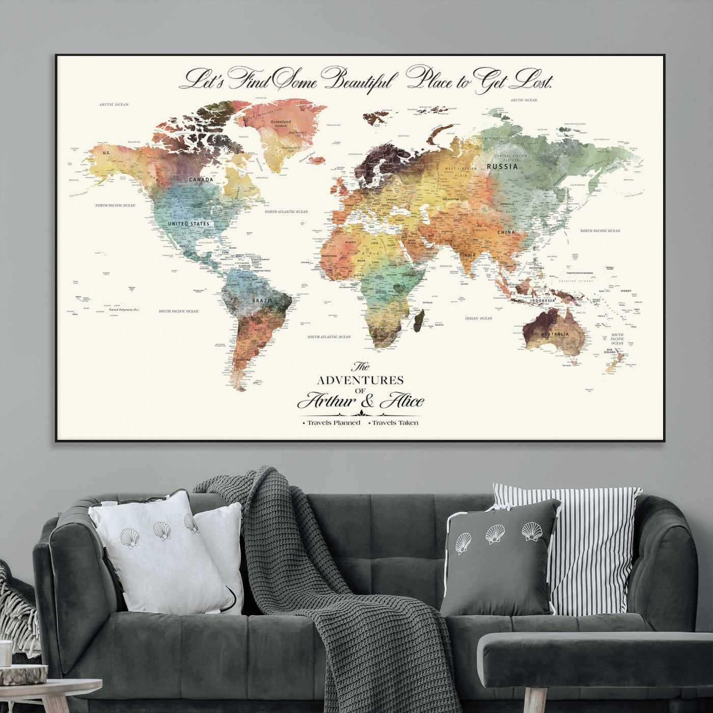 10311652-MGV-CV-36X24-Personalized World Map Wall Art - Watercolor Travel Map with Custom Names Minimalist Design for Couples&Families - Decor for Home,