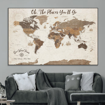 14140137-MGV-CV-36X24-Personalized World Map Wall Art – Vintage Nautical Adventure Map with Ships and Compass, Rustic Sepia Tones for Travel Lovers and