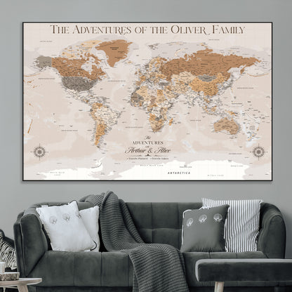 34289723-MGV-CV-36X24-Personalized World Map Wall Art – Elegant Beige and Brown Adventure Map Canvas Print for Family Home, Living Room, Study or Office