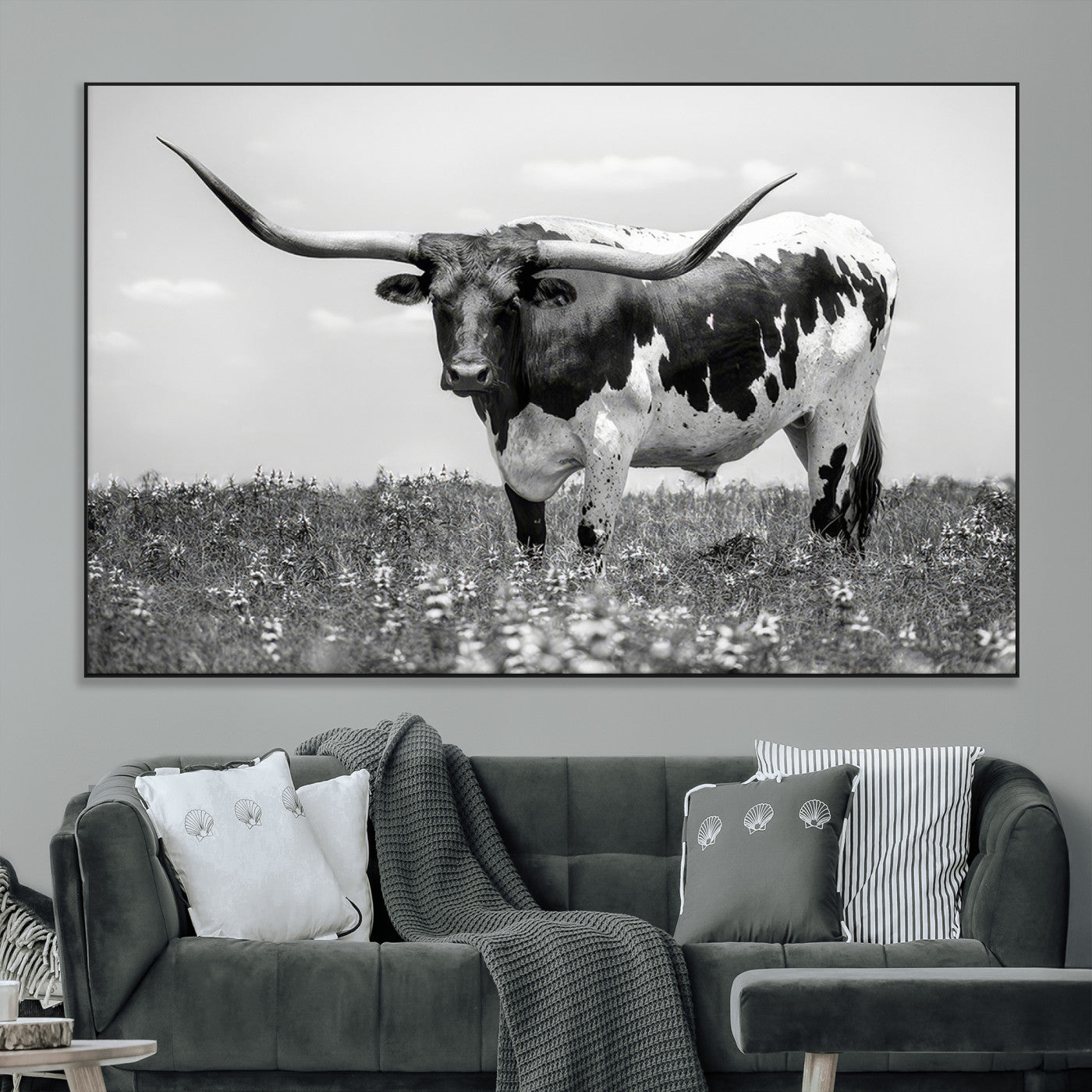83785-MGV-CV-36X24-Texas Longhorn Wall Art Canvas Print, Framed Horned Bull Art Picture Print, Monochrome Cattle Perfect Rustic Western Decor Artwork