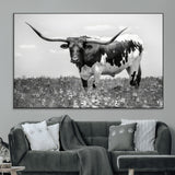 83785-MGV-CV-36X24-Texas Longhorn Wall Art Canvas Print, Framed Horned Bull Art Picture Print, Monochrome Cattle Perfect Rustic Western Decor Artwork