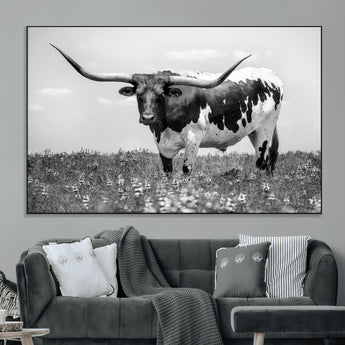 83785-MGV-CV-36X24-Texas Longhorn Wall Art Canvas Print, Framed Horned Bull Art Picture Print, Monochrome Cattle Perfect Rustic Western Decor Artwork
