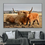 88780-MGV-CV-36X24-Highland Cow Wall Art Canvas Print, Framed Cow Calf Art Picture Print, Scottish Cattle Perfect Rustic Farmhouse Decor Artwork
