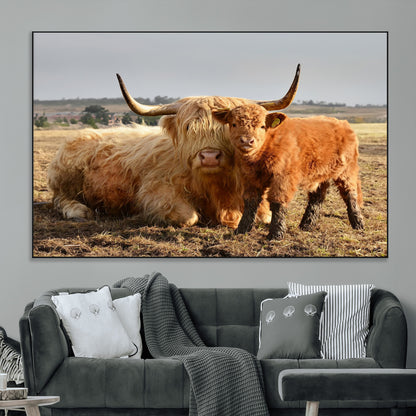 88780-MGV-CV-36X24-Highland Cow Wall Art Canvas Print, Framed Cow Calf Art Picture Print, Scottish Cattle Perfect Rustic Farmhouse Decor Artwork