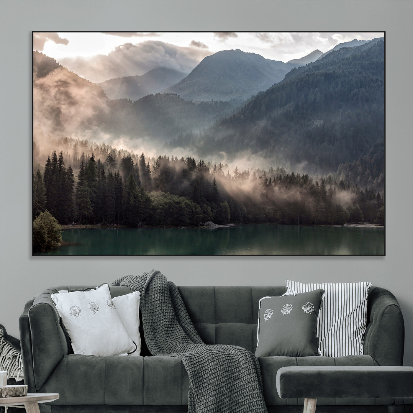 64758-MGV-CV-36X24-Misty Mountains Wall Art Canvas Print, Framed Moody Pines Art Picture Print, Forest Lake Perfect Moody Alpine Decor Artwork
