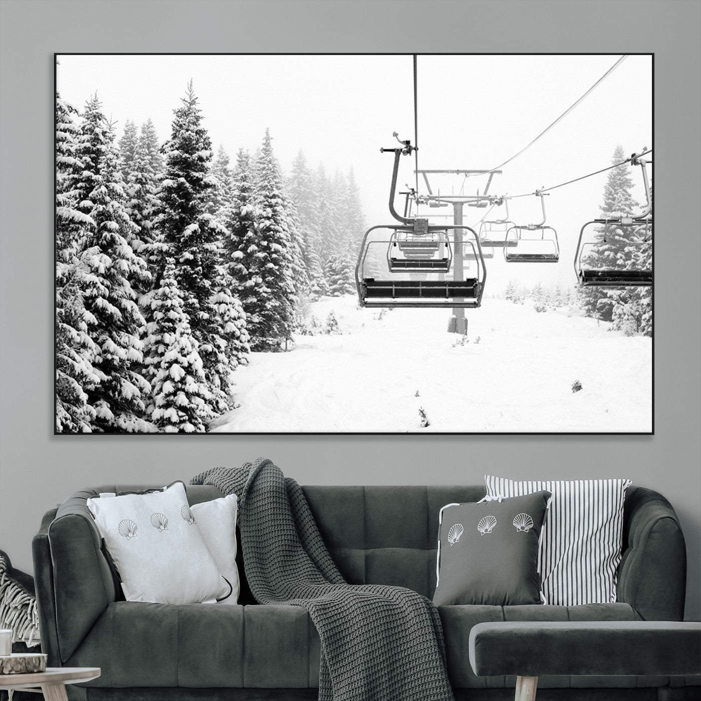 49274-MGV-CV-36X24-Snowy Forest Wall Art Canvas Print, Framed Ski Lift Art Picture Print, Mountain Snow Perfect Minimal Winter Lodge Decor Artwork
