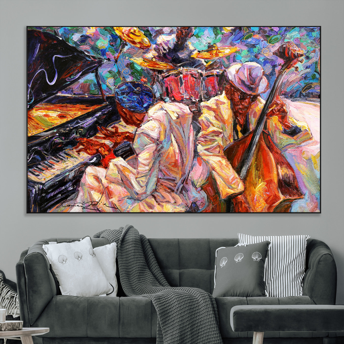 13675-MGV-CV-36X24-Jazz Band Wall Art Canvas Print, Framed Jazz Oil Painting Art Picture Print, Vibrant Music Perfect Abstract Musical Decor Artwork