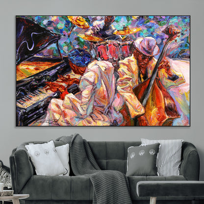 13675-MGV-CV-36X24-Jazz Band Wall Art Canvas Print, Framed Jazz Oil Painting Art Picture Print, Vibrant Music Perfect Abstract Musical Decor Artwork