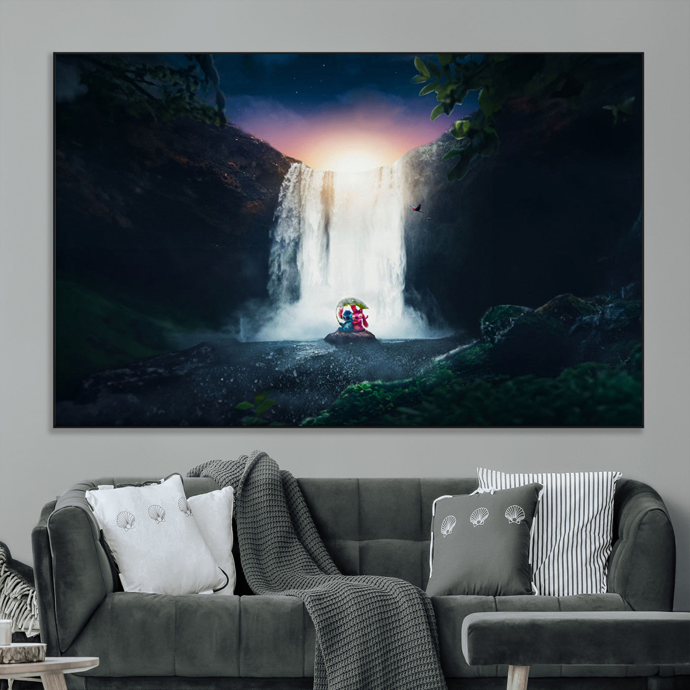 56359-MGV-CV-36X24-Lilo Stitch Wall Art Canvas Print, Framed Stitch Angel Art Picture Print, Cartoon Waterfall Perfect Tropical Fantasy Decor Artwork