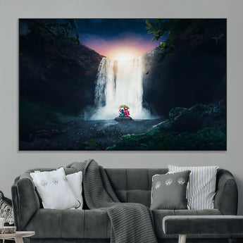56359-MGV-CV-36X24-Lilo Stitch Wall Art Canvas Print, Framed Stitch Angel Art Picture Print, Cartoon Waterfall Perfect Tropical Fantasy Decor Artwork