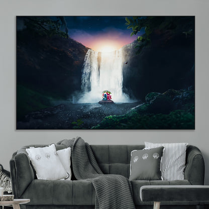 56359-MGV-CV-36X24-Lilo Stitch Wall Art Canvas Print, Framed Stitch Angel Art Picture Print, Cartoon Waterfall Perfect Tropical Fantasy Decor Artwork