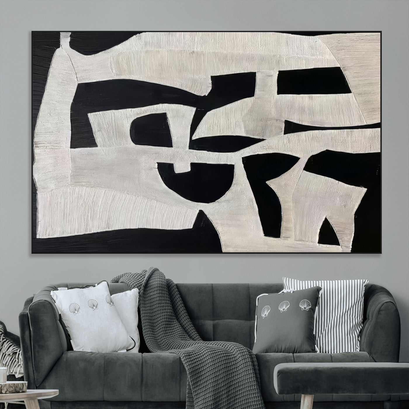 33714-MGV-CV-36X24-Monochrome Design Wall Art Canvas Print, Framed Modern Linework Art Picture Print, Textured Shapes Perfect Monochrome Modern Decor