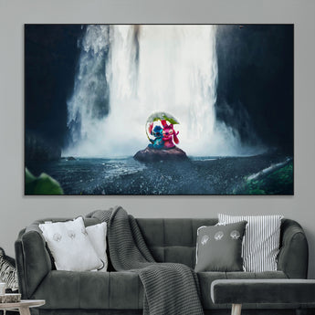 32259-MGV-CV-36X24-Stitch Angel Wall Art Canvas Print, Framed Stitch Waterfall Art Picture Print, Cartoon Couple Perfect Moody Fantasy Decor Artwork