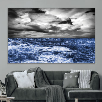 91043-MGV-CV-36X24-Stormy Ocean Wall Art Canvas Print, Framed Moody Seascape Art Picture Print, Monochrome Sea Perfect Coastal Drama Decor Artwork