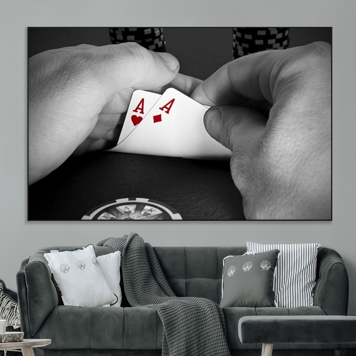 62460-MGV-CV-36X24-Poker Game Wall Art – Close Up of Hands Holding Aces with Chips, Casino Style Decor for Game Room, Man Cave or Office