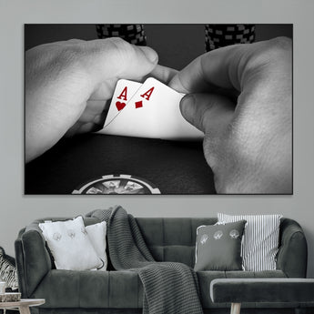62460-MGV-CV-36X24-Poker Game Wall Art – Close Up of Hands Holding Aces with Chips, Casino Style Decor for Game Room, Man Cave or Office