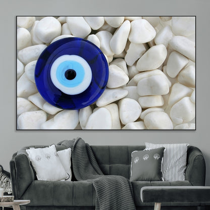 48883-MGV-CV-36X24-Evil Eye Wall Art – Deep Blue Symbol of Presence and Calm on White Stones, Subtle Spiritual Decor for Entryway, Studio, Office or