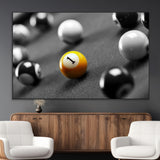 52108-MGV-CV-36X24-Precision Pool Table Wall Art – Close Up Yellow 1 Ball Canvas Print, Hand-Played Billiards Game Decor for Office, Game Room, or