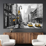 32362-MGV-CV-36X24-NYC Street Wall Art – Black and White Cityscape with Yellow Taxis and Umbrella Canvas Print, Urban Home Decor for Living Room or